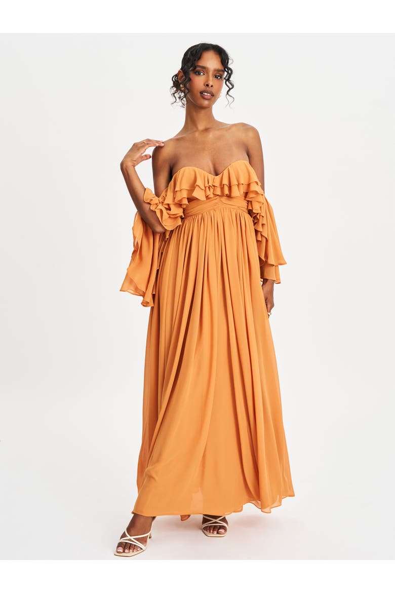 off shoulder dress orange Eliya Off Shoulder Midi Dress- Orange Medium US 6/8 UK10/12 / Orange