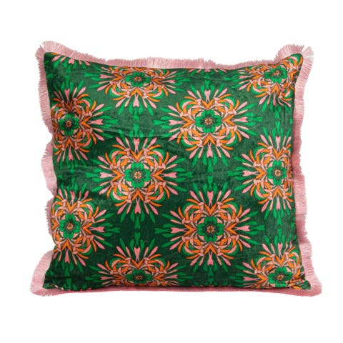 Cotton Blend Velvet Printed Pillow with Floral Pattern and Eyelash Fringe, Green, Pink and Orange Color