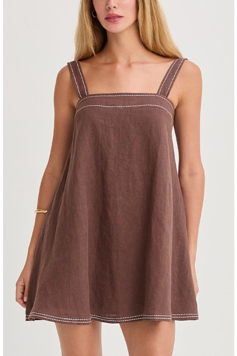 Contrast Stitch Square Neck Linen Mini Dress, Main, color, Brown