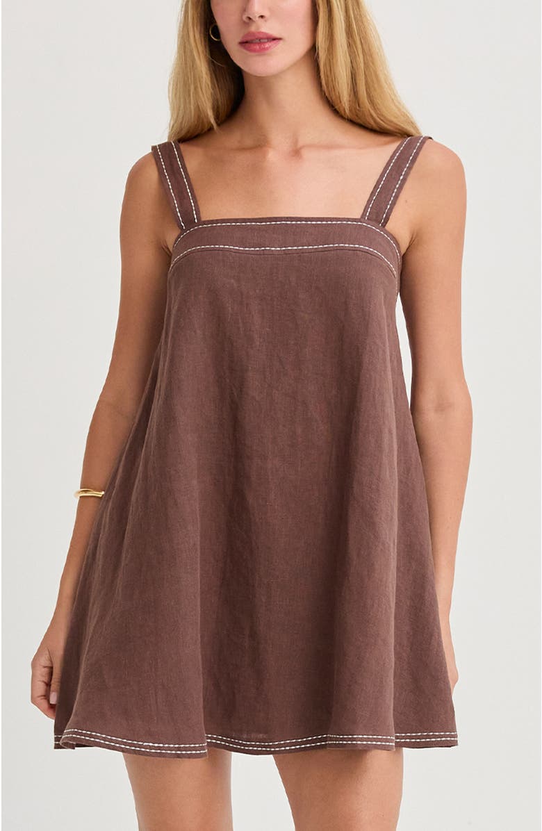 CRESCENT Contrast Stitch Square Neck Linen Mini Dress, Main, color, Brown