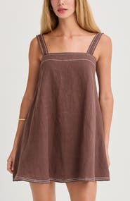CRESCENT Contrast Stitch Square Neck Linen Mini Dress