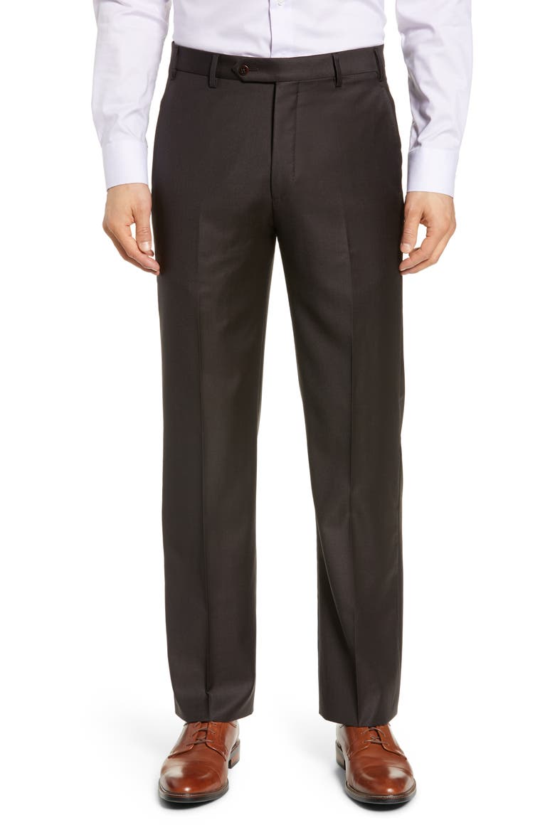 Todd Relaxed Fit Flat Front Solid Wool Dress Pants, Main, color, DK BROWN 2