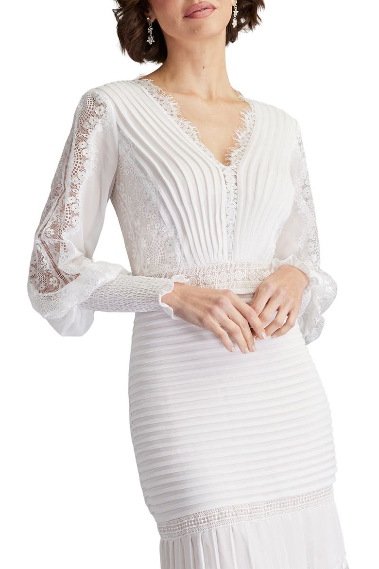 Lace Pintuck Long Sleeve Cocktail Dress, Alternate, color, WHITE/ PETAL