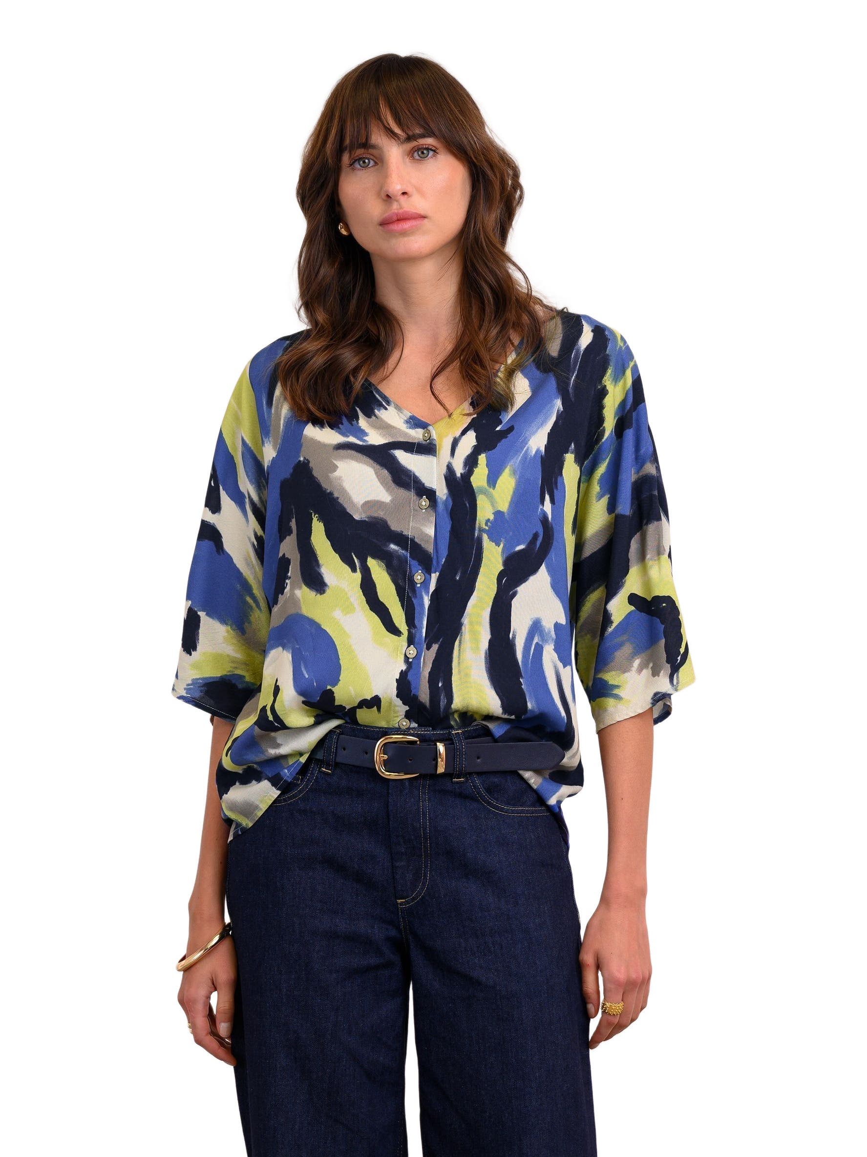V-Neck Button Drape Blouse