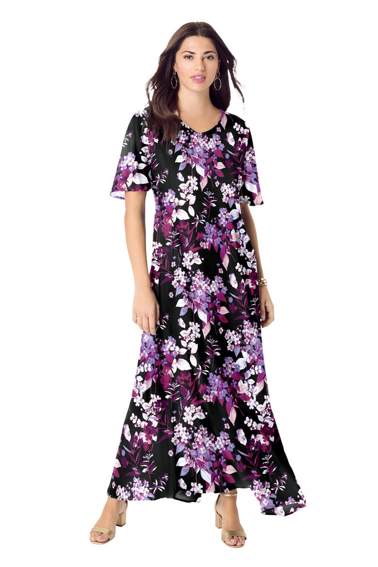 Plus Size Hand Crinkled Flutter-Sleeve Maxi Dress, Main, color, BLACK BERRY FLORAL