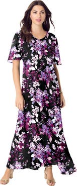 Roaman's Plus Size Hand Crinkled Flutter-Sleeve Maxi Dress