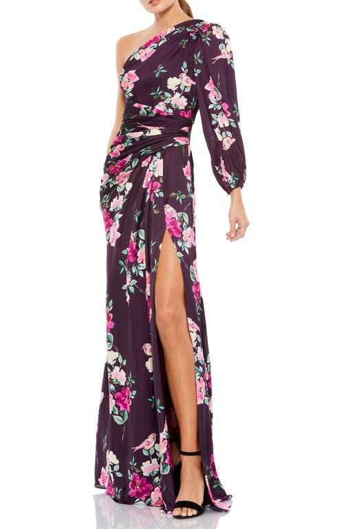 Mac Duggal Floral Print Single Sleeve Gown In Plum Floral