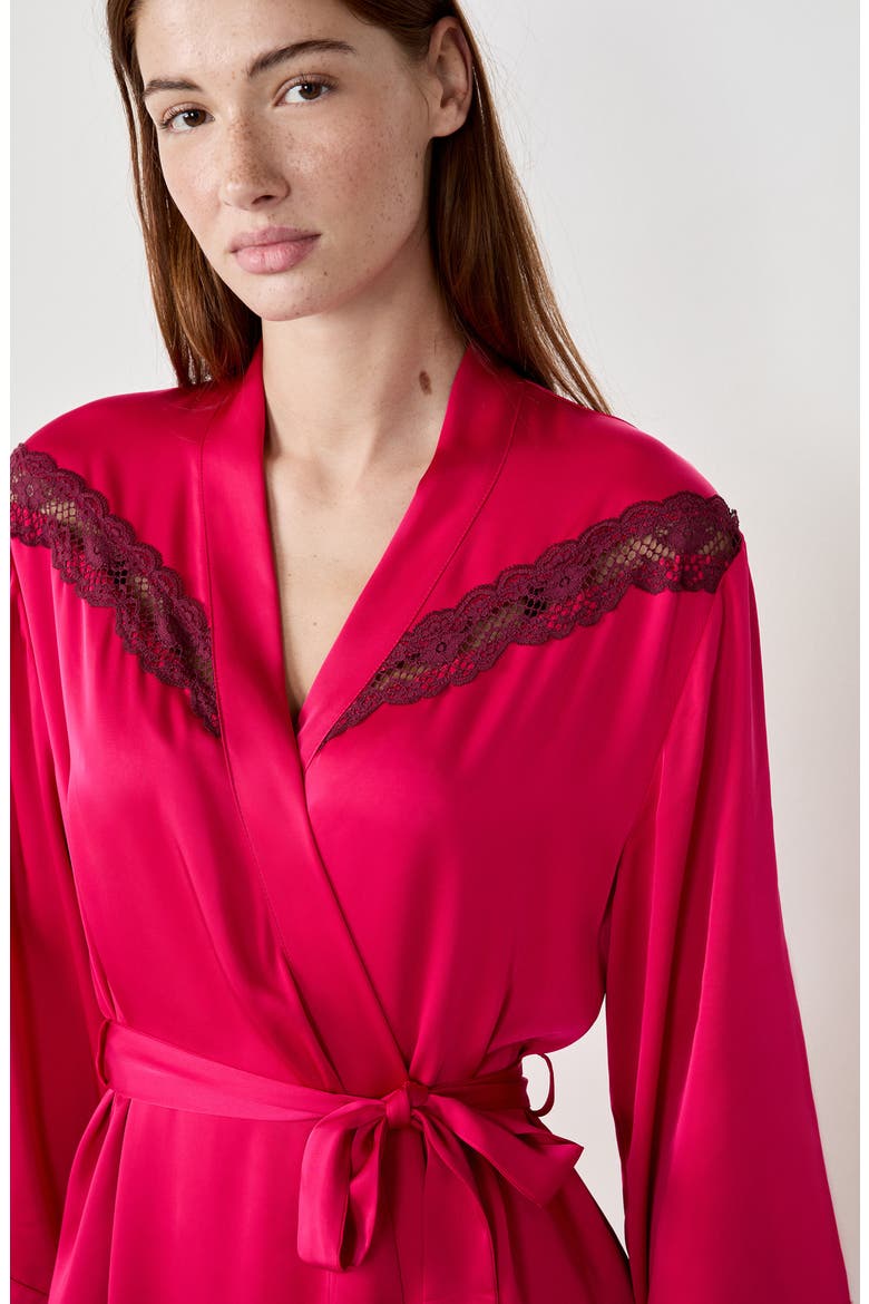 Attitude Deshabille Lace Trim Satin Robe, Alternate, color, PETUNIA