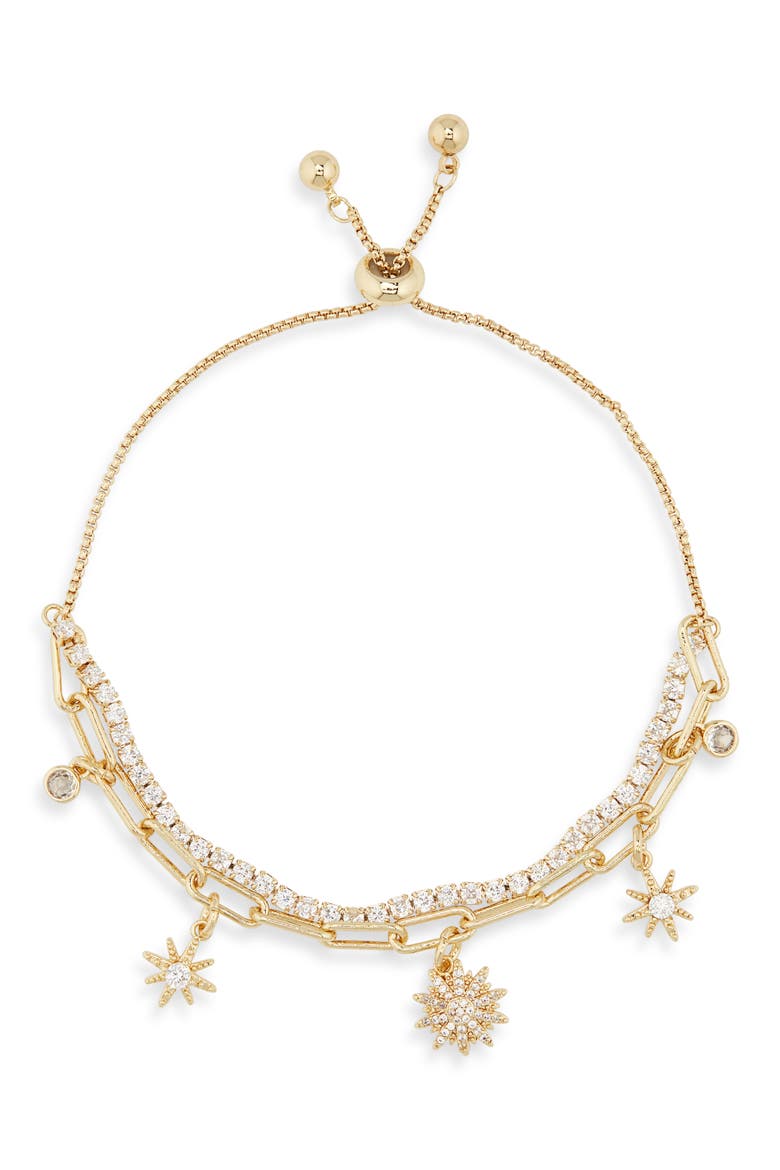 Cubic Zirconia Sunburst Charm Layered Bracelet, Alternate, color, CLEAR- GOLD