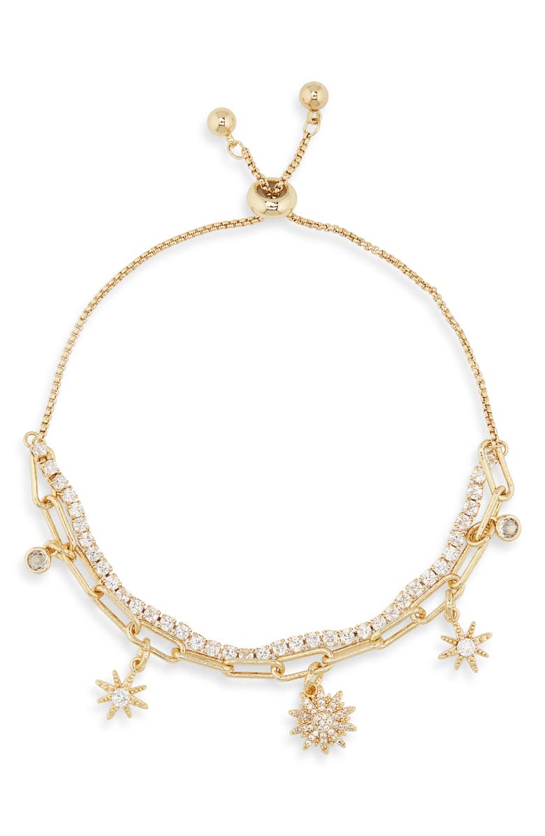 Leith Cubic Zirconia Sunburst Charm Layered Bracelet, Alternate, color, Clear- Gold