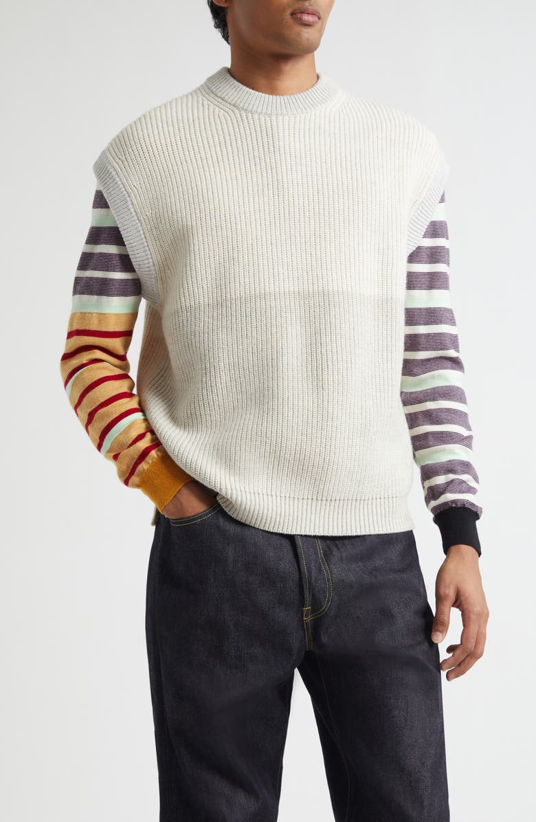 Waste Yarn Project Oda Colorblock One of a Kind Crewneck Sweater Vest, Main, color, Tonal White