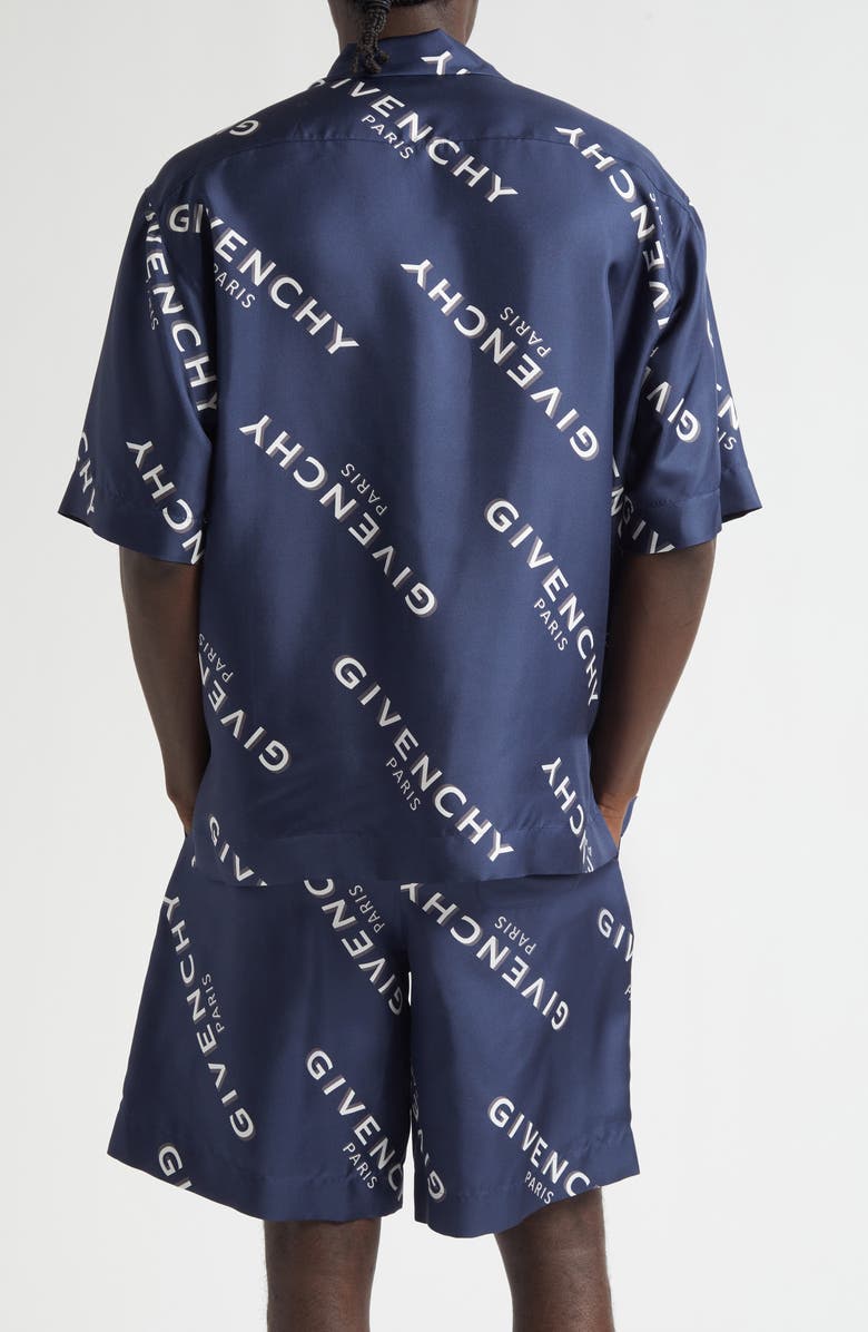 Givenchy Logo Print Silk Bowling Shirt, Alternate, color, Navy