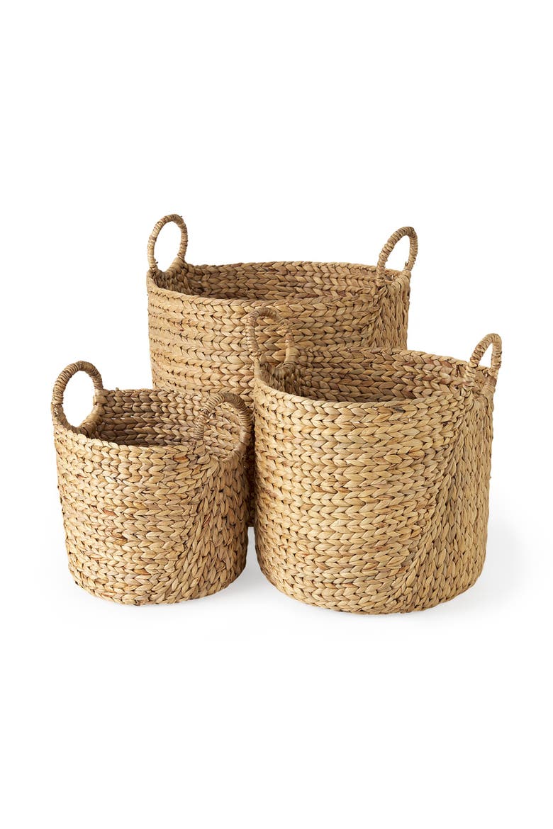 Sivan Set of 3 Water Hyacinth Round Basket with Handles, Main, color, Brown