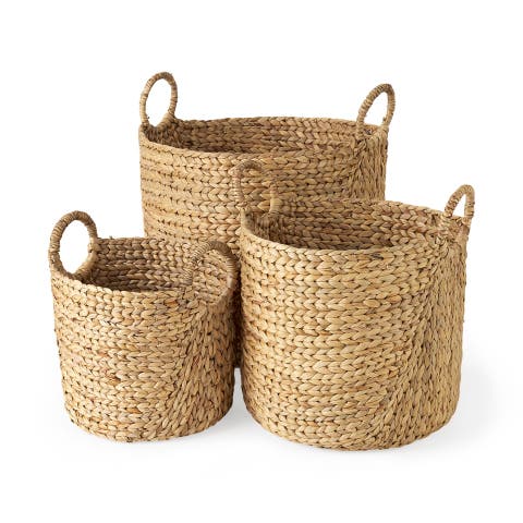 Sivan Set of 3 Water Hyacinth Round Basket with Handles
