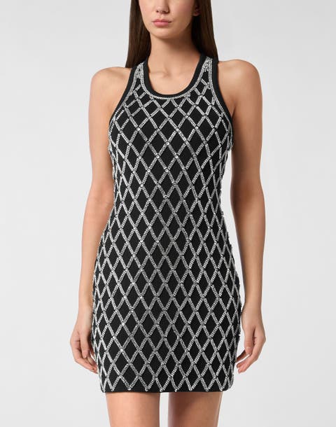 Short Tank Dress Crystal Net Women