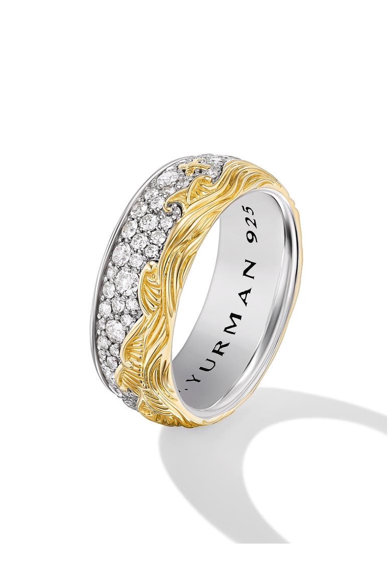 Waves Band Ring in Sterling Silver with Diamonds, 9mm, Alternate, color, STERLING SILVER/ YELLOW GOLD