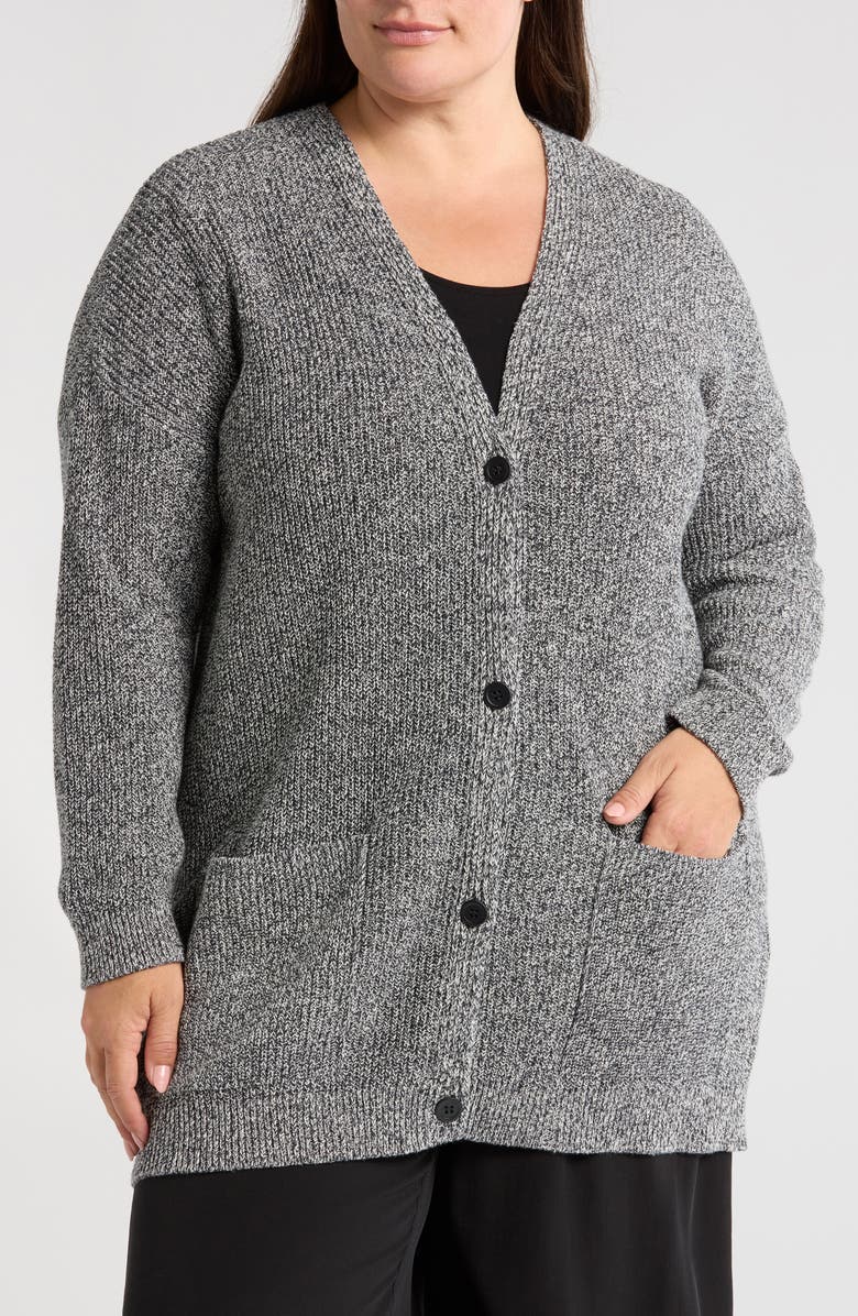 Eileen Fisher V-Neck Cotton Blend Cardigan, Alternate, color, Black/ Ivory