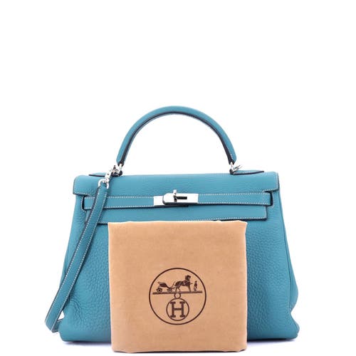 Pre-owned Hermes  Hermes Kelly Handbag Blue Clemence With Palladium Hardware 32 In Blue