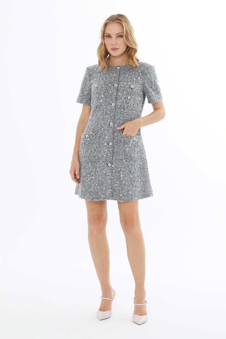 Button Closure Short-Sleeve Crew Neck Lined Dress, Alternate, color, Grey