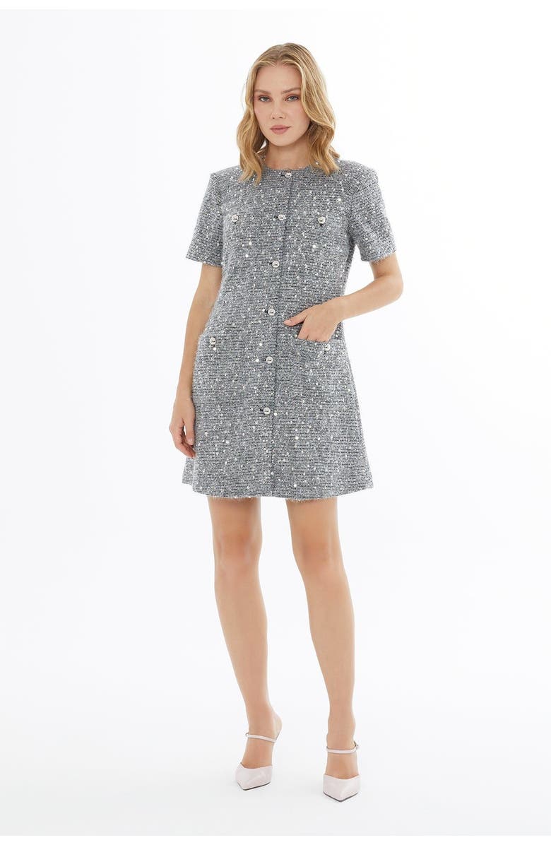 Gizia Button Closure Short Sleeve Crew Neck Dress, Alternate, color, Grey