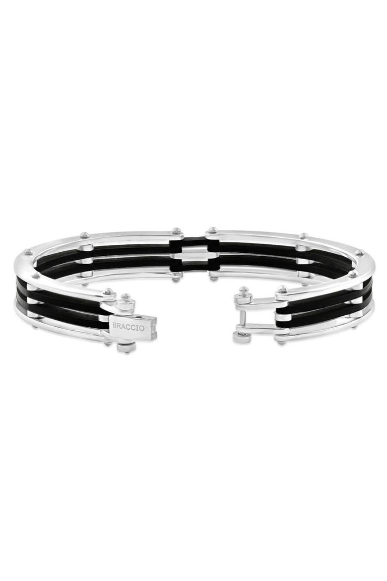 Men's Steel And Black Silicone Latched 8" 13.5mm " Cuffed Bracelet, Alternate, color, Stainless Steel