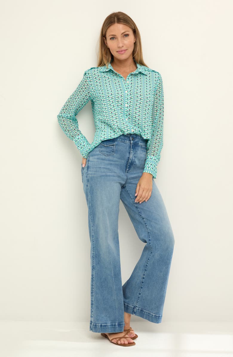 NIC+ZOE Geo Steps Relaxed FIt Chiffon Button-Up Shirt, Alternate, color, Green Multi