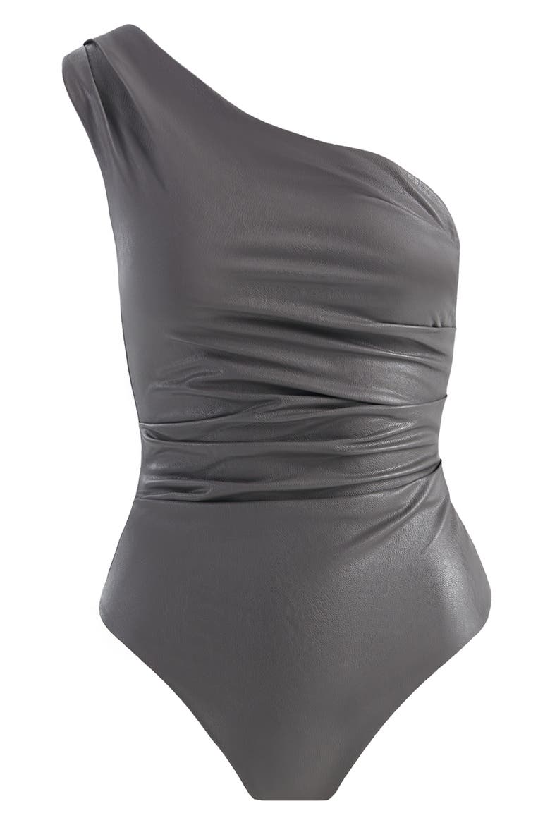 Faux Leather Pleated One-Shoulder Bodysuit, Alternate, color, DARK GREY