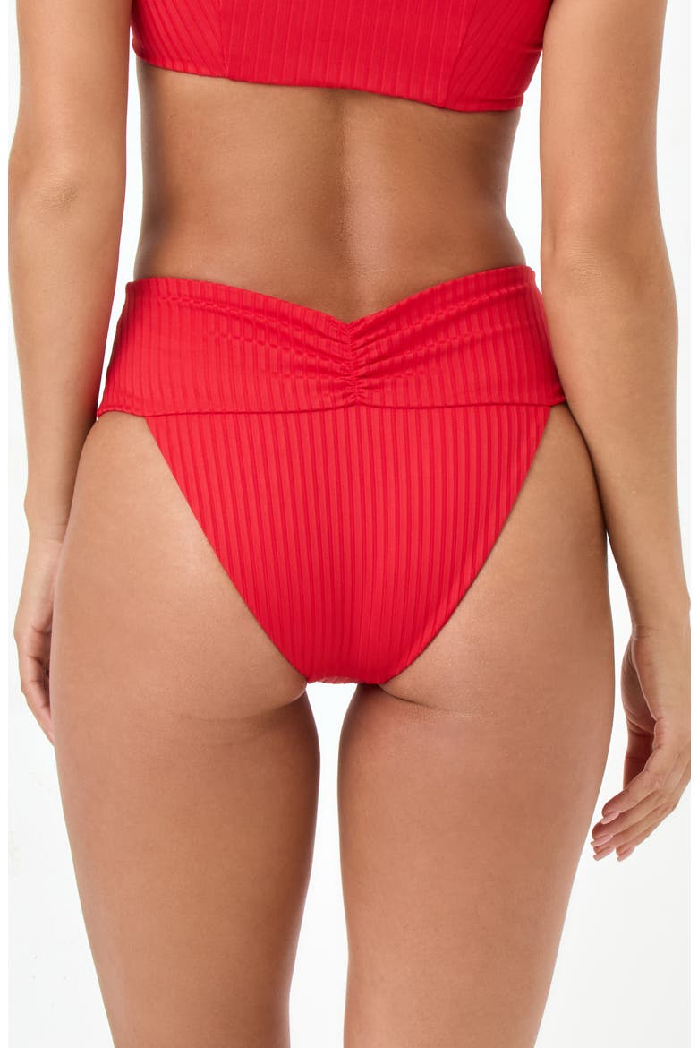Bardot Ruched Rib Bikini Bottoms, Alternate, color, FLAME