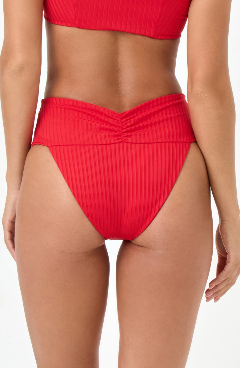LSPACE Bardot Ruched Rib Bikini Bottoms, Alternate, color, Flame