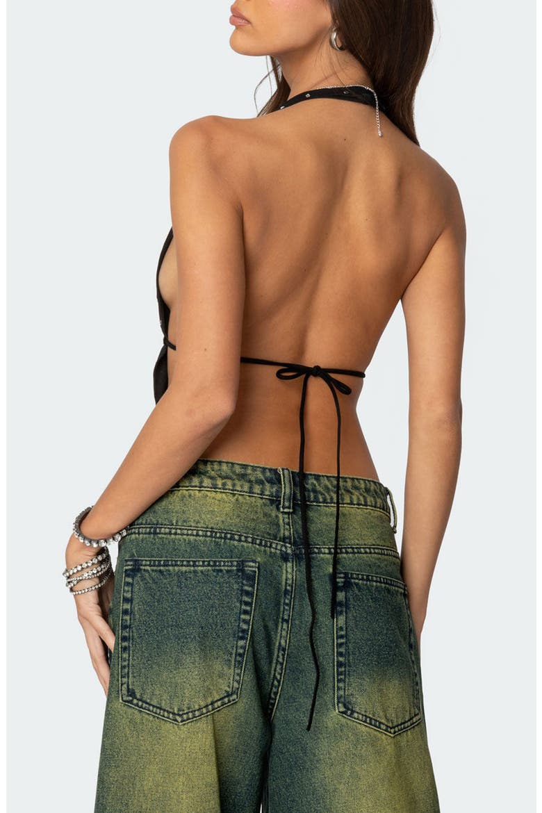 Studded Split Front Open Back Halter Top, Alternate, color, BLACK