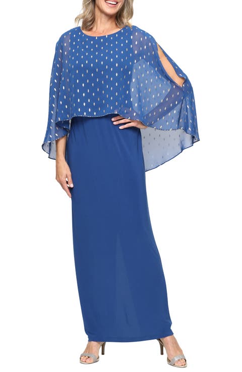 Foil Print Chiffon & Matte Jersey Column Gown