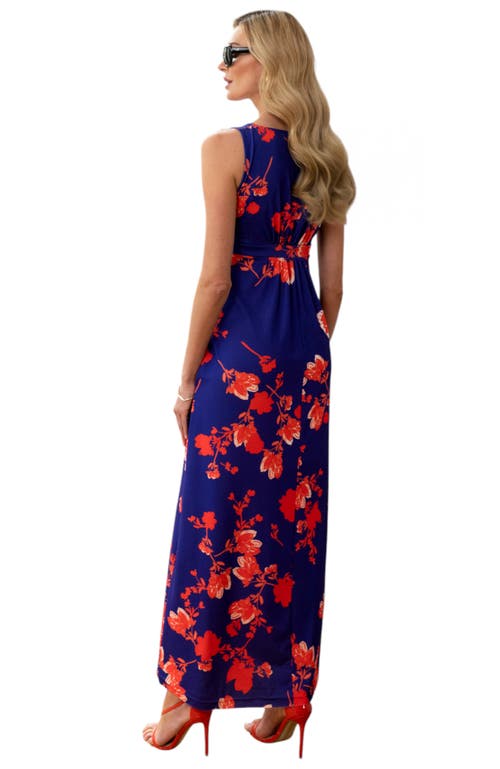 Hotsquash London Clothing Empire Line Maxi Dress In Blue With Red Flowers