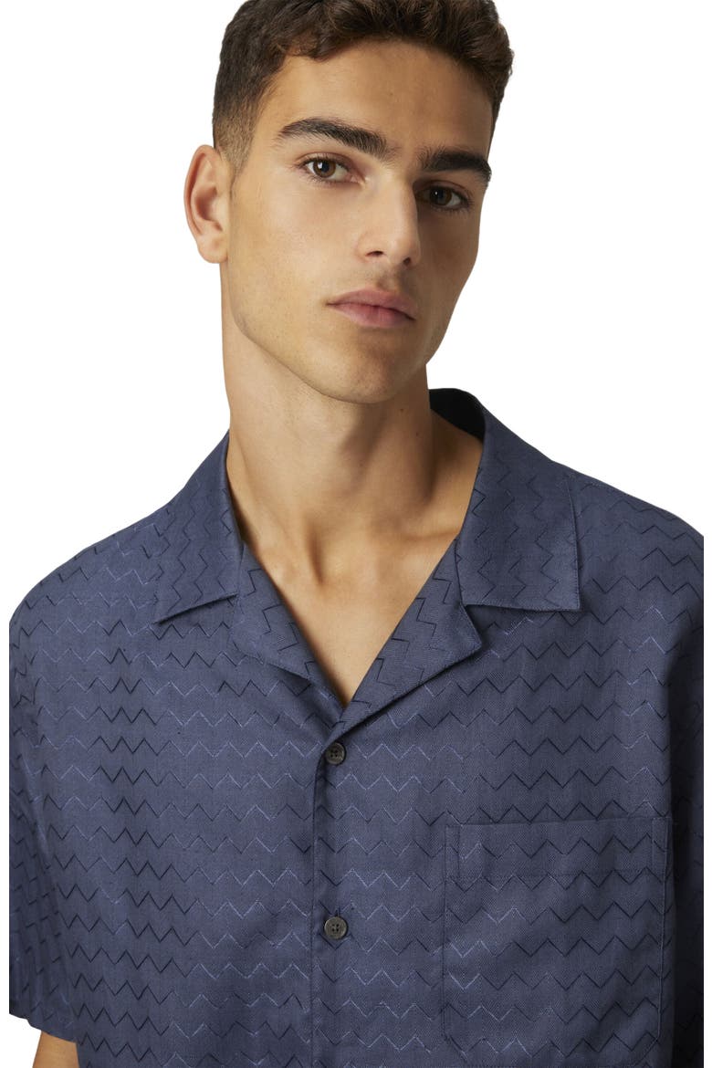 Cotton, Viscose And Linen Bowling Shirt With Shiny Zigzag Pattern, Alternate, color, Blue