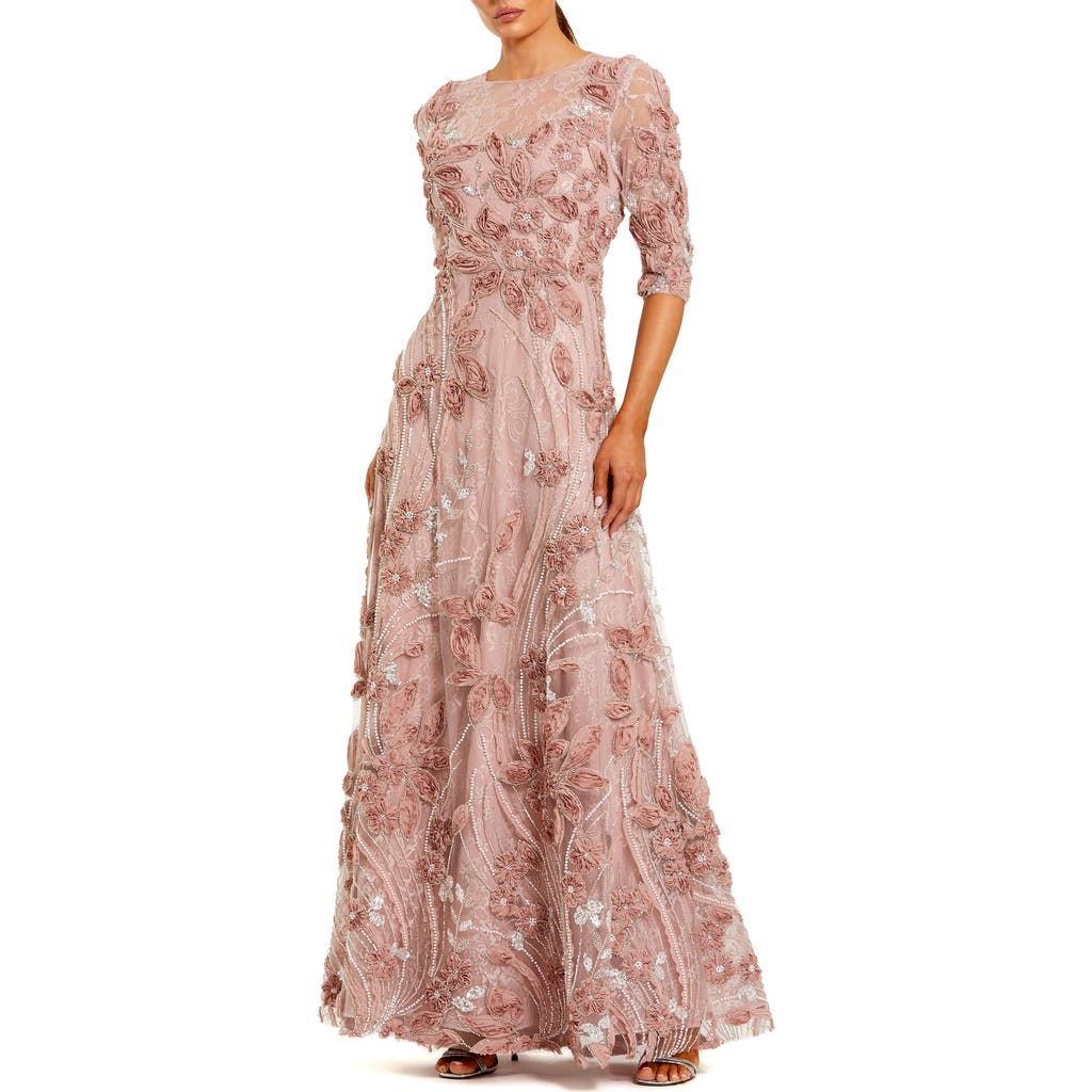 Mac Duggal 3/4 Sleeve High Neck Embroidered A-line Gown In Pink