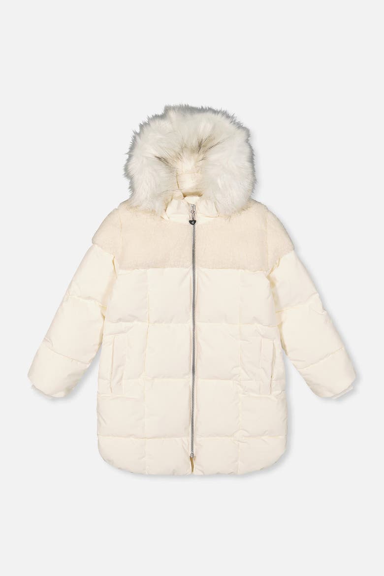 Long Winter Two-Tone Quilted Faux Fur Hood Puffer Coat, Main, color, Off-White