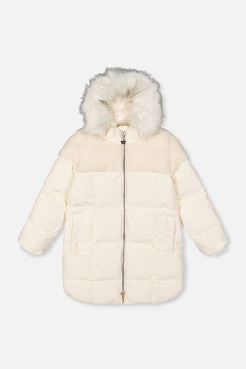 Long Winter Two-Tone Quilted Faux Fur Hood Puffer Coat