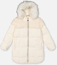 Deux par Deux Long Winter Two-Tone Quilted Faux Fur Hood Puffer Coat