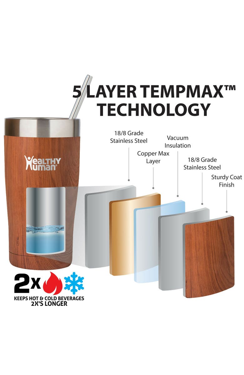 Healthy Human Stainless Steel Tumbler with Straw, 12 oz Natural Wood, Alternate, color, Brown