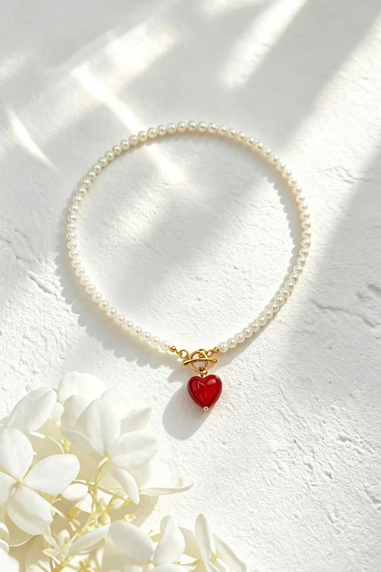 Valentina Murano Glass Heart Pendant Pearl Necklace, Alternate, color, Red