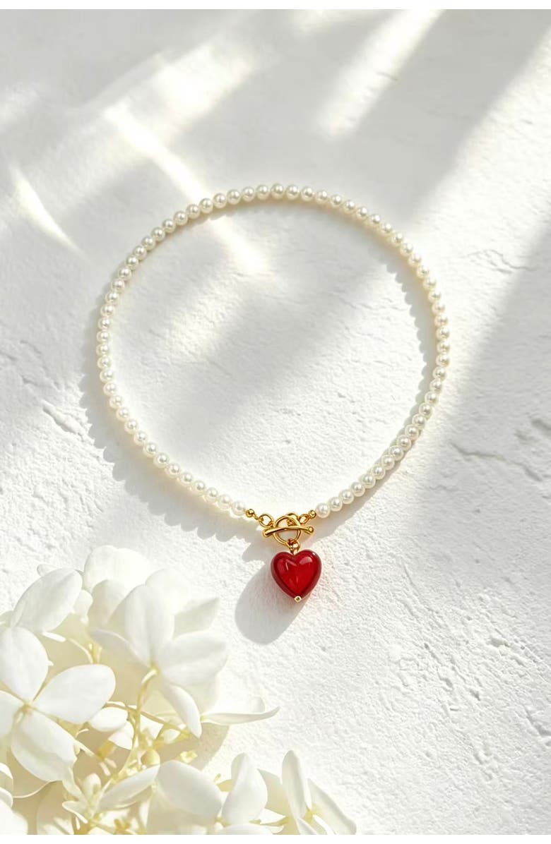 Classicharms Valentina Murano Glass Heart Pendant Pearl Necklace, Alternate, color, Red