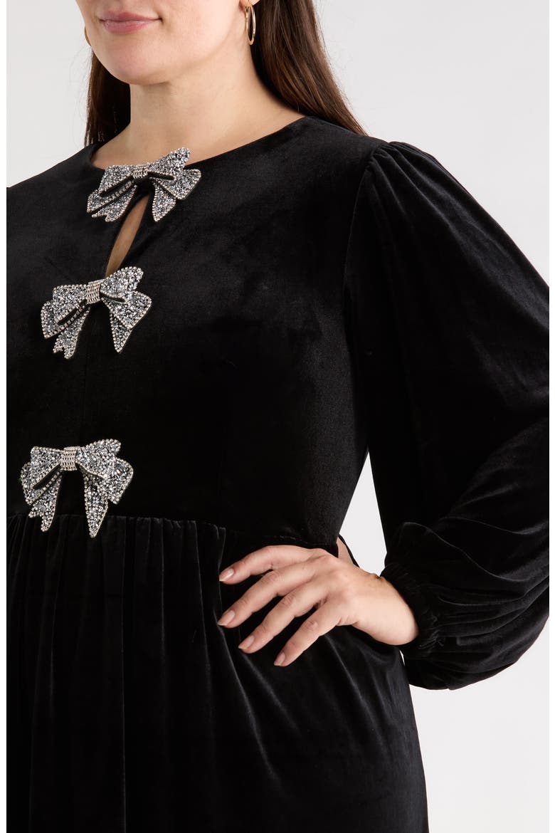 Jena Glow Bow Long Sleeve Velvet Midi Dress, Alternate, color, BLACK