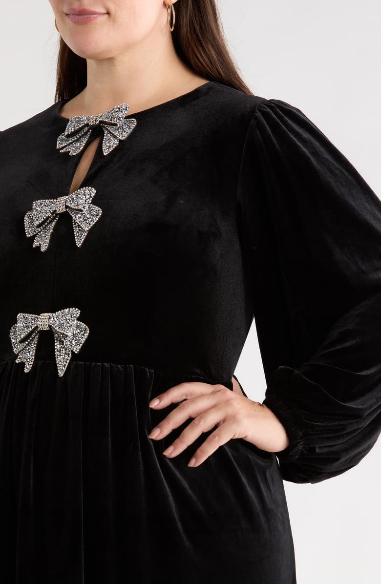 SUGARLIPS Jena Glow Bow Long Sleeve Velvet Midi Dress, Alternate, color, Black