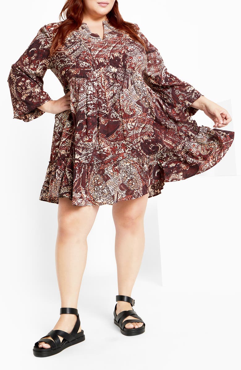 City Chic Mira Long Sleeve Paisley Tiered Dress, Main, color, Paisley