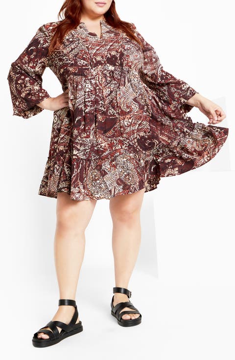 Mira Long Sleeve Paisley Tiered Dress (Plus)