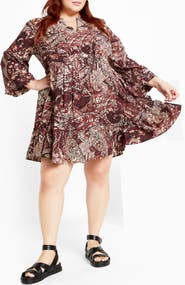 City Chic Mira Long Sleeve Paisley Tiered Dress