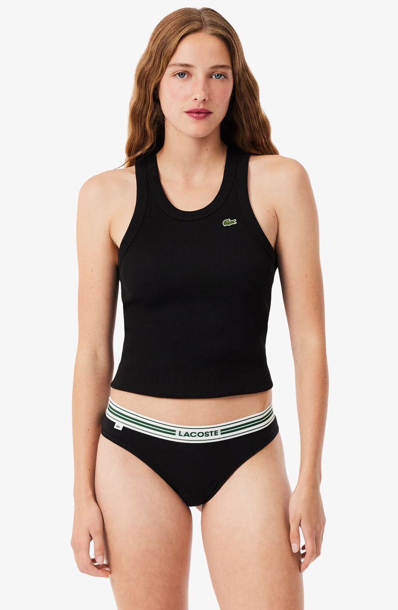 Lacoste High Waist Stretch Cotton Jersey Thong, Alternate, color, Black