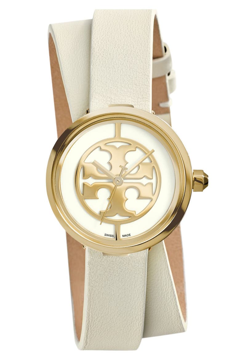 'Reva' Logo Dial Double Wrap Leather Strap Watch, 28mm, Main, color, IVORY/ GOLD