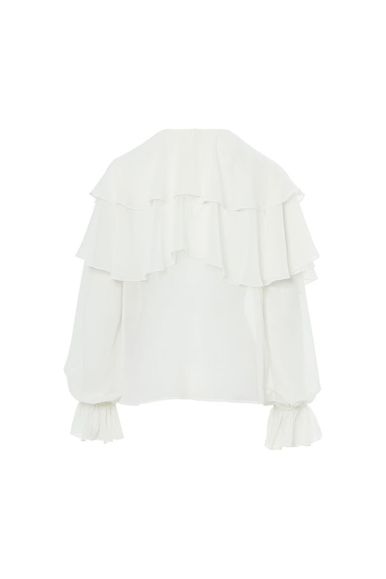 Ruffled Long-Sleeve Blouse with Elasticated Cuffs, Alternate, color, Beige