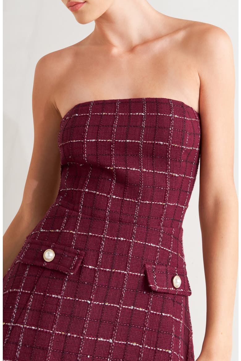 Bouclé Tweed Strapless Minidress, Alternate, color, WINE