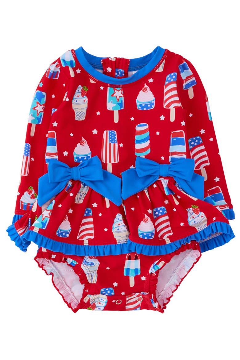 UPF50+ Long Sleeve One Piece Bow Peplum Rash Guard Swimsuit, Main, color, Stars & Scoops
